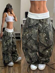 StreetHx Women's All-Over Print Contrast Waistband Casual Wide Leg Jeans - Multicolor - View 1