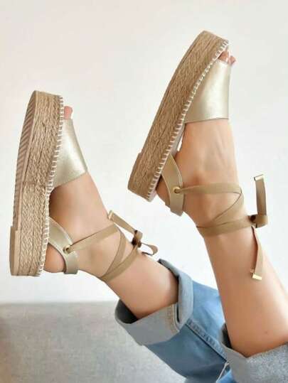 Sandalias de cuña mujer yute natural pulsera tobillo plataforma verano playa cómodas elegantes
