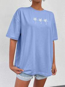 EURMUSE Cotton Tropical Print Drop Shoulder Tee - Dusty Blue - View 5
