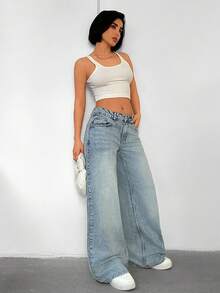 Women's Low Waist Pockets Wide Leg Loose Casual Versatile Jeans - Medium Wash - View 3