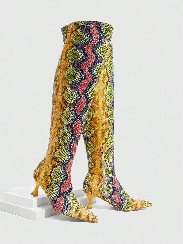 CUCCOO SZL Women's Classic Snake Skin Thigh High Boots, Fashion Super High Heel Pointed Toe Elegant Minimalist Stretch Over-The-Knee Boots Valentine's Day