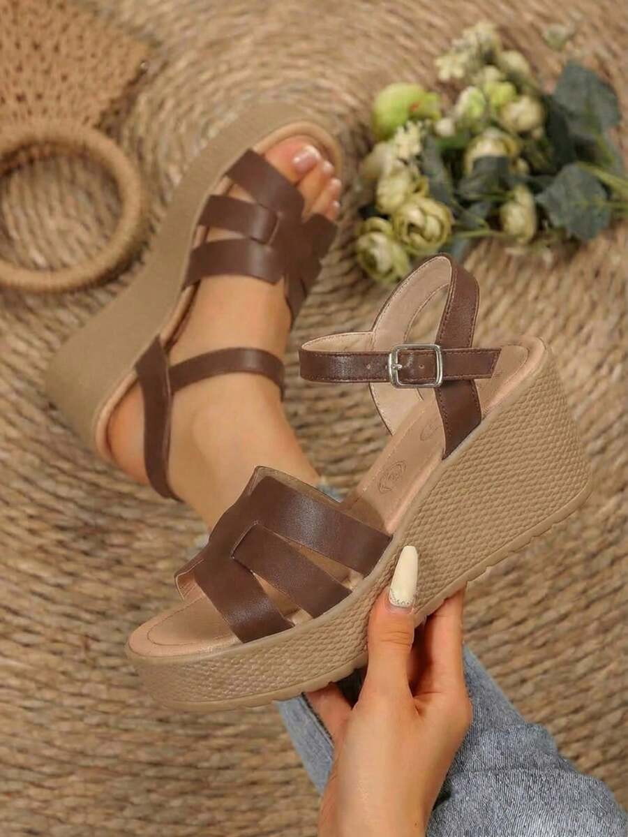 230 Sandalias de plataforma tipo cuña plastico con hebilla ajustable ligeras - Cafe - Ver 1