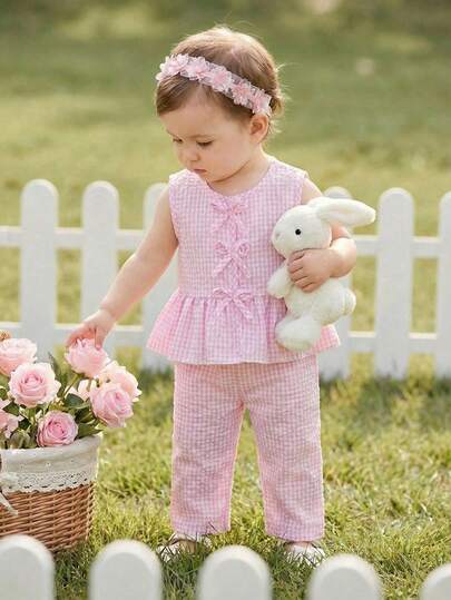 Souflis Souflis 0-3 Years Old Baby Girl Casual Chic Daily Vacation Plaid Woven Sleeveless Top And Wide Leg Pants 2 Pieces Set, Spring/Summer