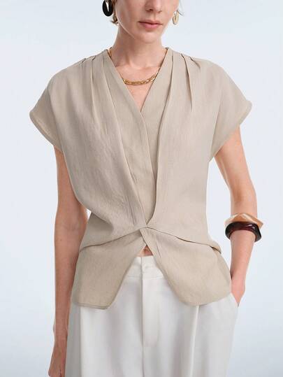 Aalyst Áo kiểu nữ mùa xuân/hè thanh lịch, lãng mạn, chất liệu kẻ caro, cổ chữ V, thiết kế nhún vai, thắt eo, thích hợp cho công sở, thường ngày, tiệc biển, tiệc trà chiều.