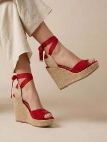 Women's Platform Sandals, Jute Wedge, Espadrille Wedge, High Espadrilles, Tie Straps, Wedge Heel, Comfortable, Casual, Boho, Summer, Women's Fashion - 杏色 - 查看 3