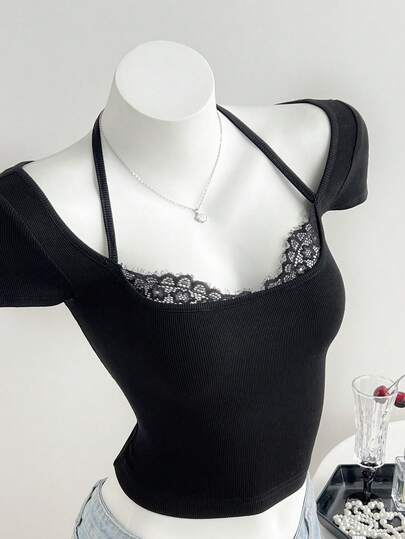 Elamini 1pc Summer New Halter Tie Knit Lace Patchwork Sexy Solid Color Crop Top, Spicy Girl Pure Desire Style Short Sleeve T-Shirt, Suitable For Party, Date, Daily Wear, Black