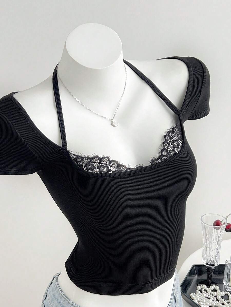 Elamini 1件夏季新款露背系带针织蕾丝拼接性感纯色露脐上衣，火辣性感短袖T恤，适合派对、约会、日常穿着，黑色蕾丝上衣，黑色性感上衣 - 黑色 - 查看 1