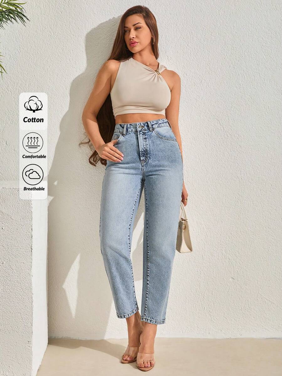 Women's High Waist Pocket Tapered Casual Versatile Jeans - Medium Wash - View 1