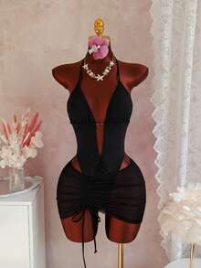 Swim Vcay Deep V-Neck Backless Elegant Ruffle Hem Solid Color Skirt, Beaded Spring/Summer Beach Bikini Swimsuit 2-Piece Set - Black - View 4