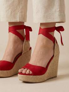 Women's Platform Sandals, Jute Wedge, Espadrille Wedge, High Espadrilles, Tie Straps, Wedge Heel, Comfortable, Casual, Boho, Summer, Women's Fashion - 杏色 - 查看 2