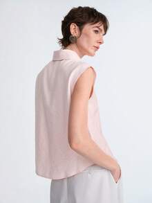 Aalyst 女士春夏提花棉质法式优雅休闲办公通勤度假浪漫高端海滩下午茶衬衫领短袖浅粉色插肩袖上衣 - 粉色 - 查看 2