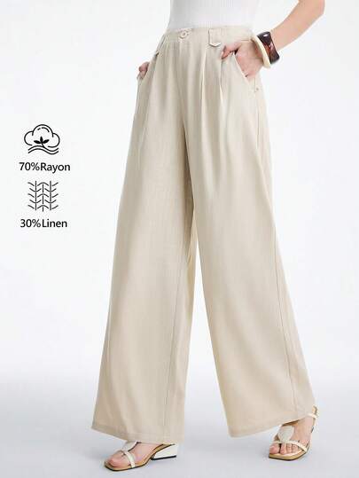 Aalyst Women's Spring/Summer Outing, Suitable For New Year, Valentine's Day, Easter, Mother's Day, Middle Eastern Weddings, Elegant Minimalist Office/Romantic Vacation Style, Linen Waist Pleated Design Regular Waist Wide Leg Suit Pants