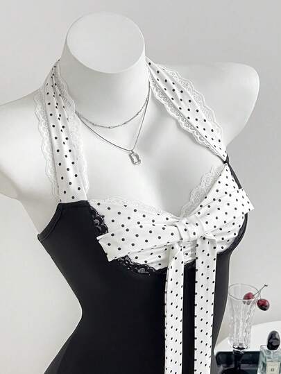 Elamini 女士波点蝴蝶结装饰吊带连体衣