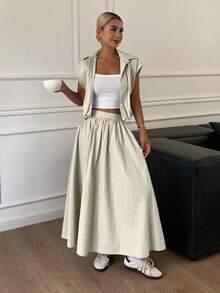 DAZY 女士夏季休闲纯色短款衬衫和半裙两件套 - 綠色 - 查看 6