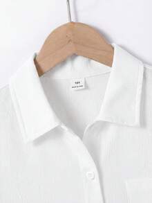 SHEIN Spring/Summer Loose Casual Textured Fabric Turndown Collar Open Front Real Pocket Design Boys Shirt - White - View 4