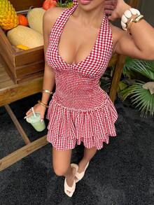 Sunnyshic 女士红色格子V领露背系带荷叶边下摆无袖迷你连衣裙。适合度假、野餐和日常穿着。 - 藍色 - 查看 5