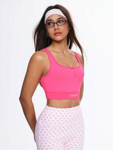 Eassivo 女士运动吊带背心，纽扣开襟，字母印花，高弹力，健身瑜伽上衣 - 玫紅色 - 查看 6