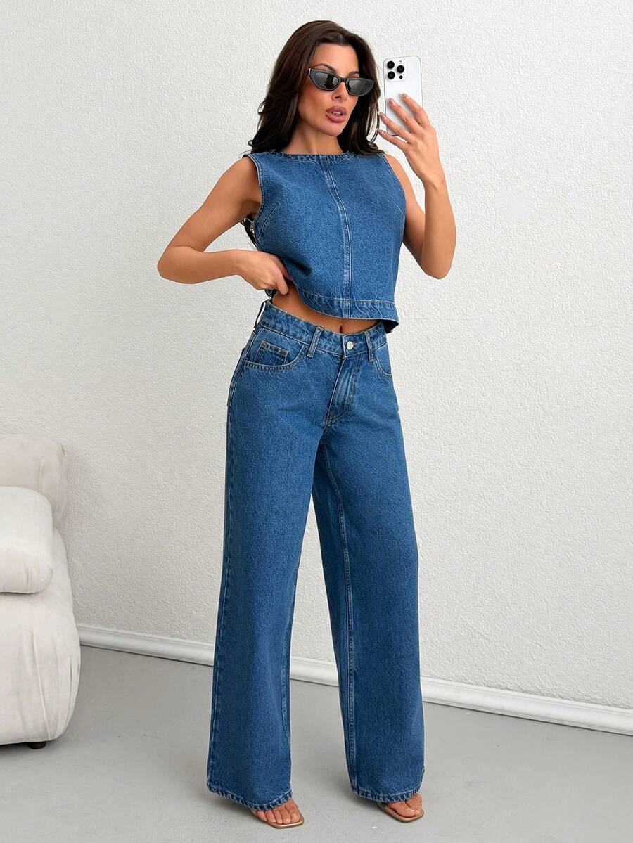 SHEIN DAMEN Zweiteiler SET JACKE UND HOSE - Dunkle Waschung - Übersicht 1