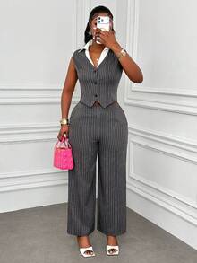 Xyvia 女士灰色条纹白色拼接V领无袖短款上衣，优雅专业正式装扮，适合工作、会议、旅行、度假、休闲穿着 - 灰色 - 查看 6