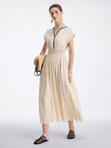 Aalyst 女士春夏约会/外出装扮，新年、情人节、复活节、母亲节、中东婚礼，精致时尚，优雅复古风，休闲简约通勤，浪漫度假亚麻褶皱系带腰侧开衩黑色长袖连衣裙，杏色口袋 - 杏色 - 查看 6