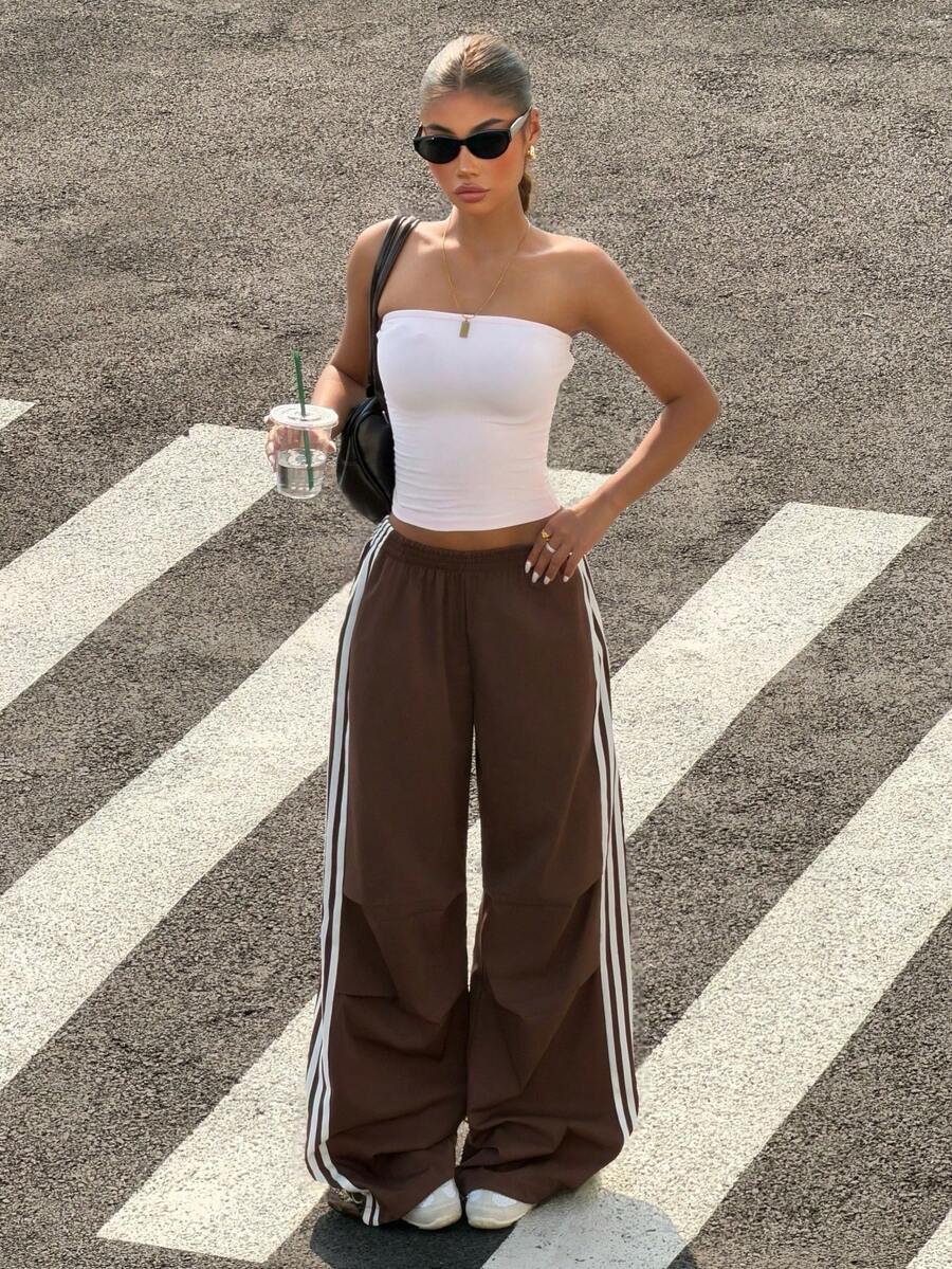 Muchica Women's New Brown Woven Strap Patchwork Casual Loose Fit Pants - Brown - View 1