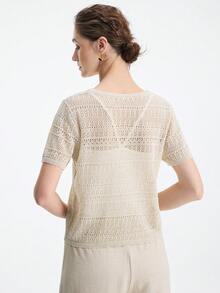Aalyst Women's Loose Fit Hollow Out Round Neck Slouchy T-Shirt, Vintage Style Knit Top For Summer - Apricot - View 3