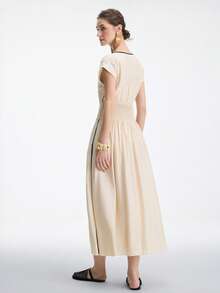 Aalyst 女士春夏约会/外出装扮，新年、情人节、复活节、母亲节、中东婚礼，精致时尚，优雅复古风，休闲简约通勤，浪漫度假亚麻褶皱系带腰侧开衩黑色长袖连衣裙，杏色口袋 - 杏色 - 查看 7