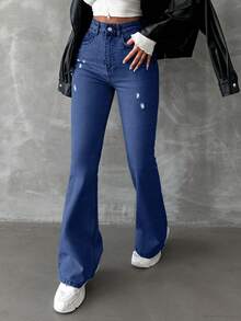 SHEIN Cottnline 98%Cotton Zipper Fly Distressed Bell Bottom Jeans - Medium Wash - View 3