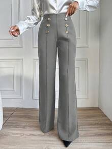 EURMUSE Women's Solid Color Metal Button Decorated Toothpick Striped Design Straight Leg Elegant Pants - Grey - View 6