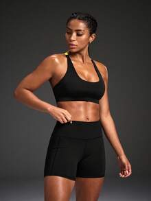 Powerista Sujetador deportivo de uso diario para mujer con espalda cruzada de color contrastante - Negro - Ver 5