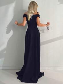 Vestido elegante y sexy de unicolor con abertura alta, hombros descubiertos y tirantes finos - Azul Marino - Ver 2