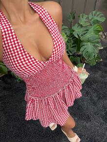 Sunnyshic 女士红色格子V领露背系带荷叶边下摆无袖迷你连衣裙。适合度假、野餐和日常穿着。 - 藍色 - 查看 1