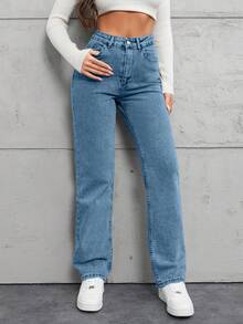 EURMUSE 100% Cotton Straight Leg Jeans With Diagonal Pockets - Blue - View 3