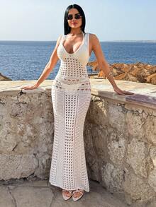 SHEIN Crochet Hollow Out Beachwear Cover Up - Apricot - View 4