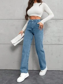 EURMUSE 100% Cotton Straight Leg Jeans With Diagonal Pockets - Blue - View 4