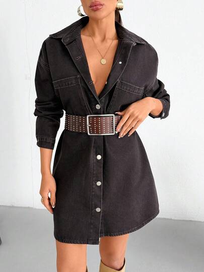 EURMUSE 100% Cotton Women's Denim Brown Shirt Dress