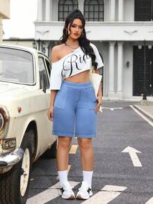 Flexra 女士弹性腰带口袋休闲百搭牛仔短裤 - 藍色 - 查看 7