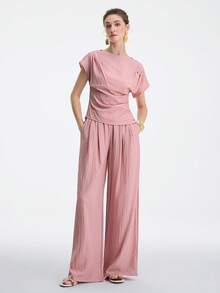 Aalyst Women's Spring/Summer Outfit, Elegant Casual Asymmetric Shoulder Pleated Top + Straight Leg Pants 2-Piece Set, Suitable For New Year, Valentine's Day, Easter, Mother's Day, Middle Eastern Wedding, Commute, Vacation, Pocket Detail, Pink - Pink - View 1