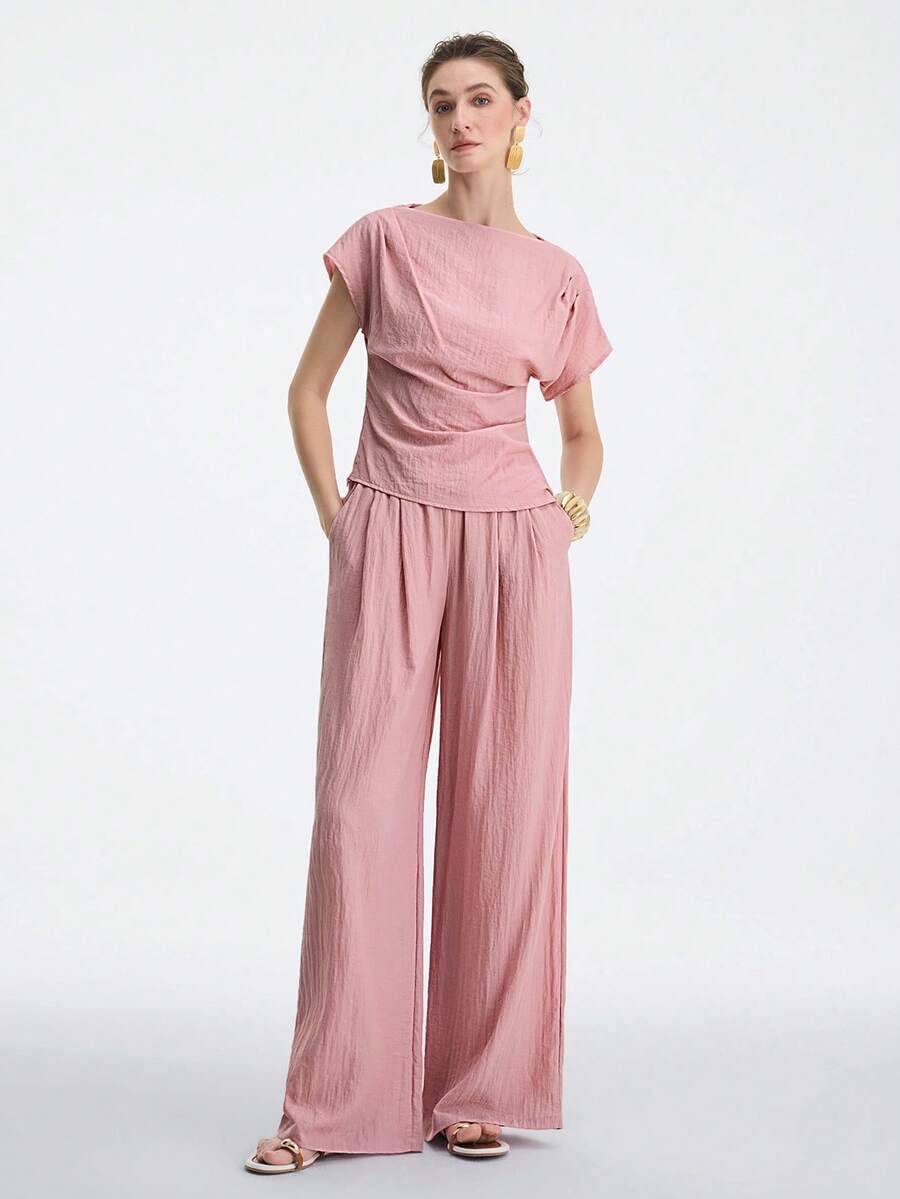 Aalyst Women's Spring/Summer Outfit, Elegant Casual Asymmetric Shoulder Pleated Top + Straight Leg Pants 2-Piece Set, Suitable For New Year, Valentine's Day, Easter, Mother's Day, Middle Eastern Wedding, Commute, Vacation, Pocket Detail, Pink - Pink - View 1