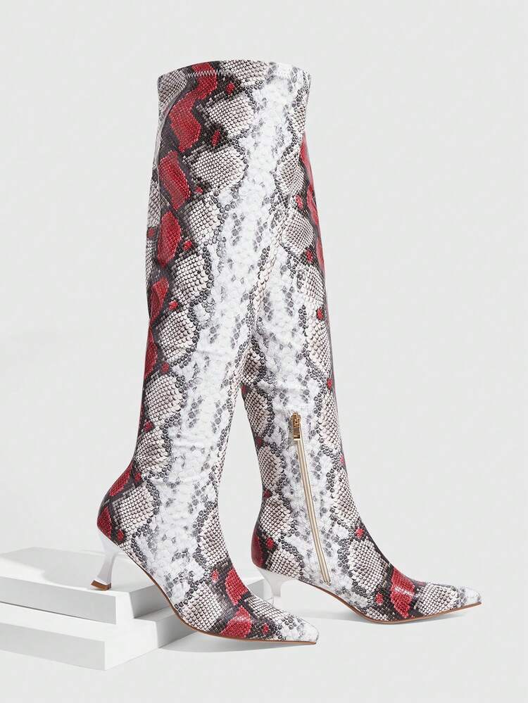 CUCCOO SZL Women's Classic Snake Skin Thigh High Boots, Fashion Super High Heel Pointed Toe Elegant Minimalist Stretch Over-The-Knee Boots Valentine's Day