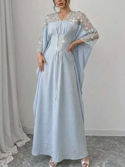 Yasmyna Women's Elegant Sheer Patchwork Batwing Sleeve Front Tie Back Knot Loose Arabic Traditional Long Dress Kaftan Jalabiya Dress