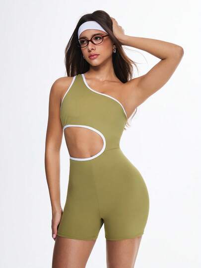 Eassivo Contrast Color Trim Hollow Out Sports Jumpsuit Yoga Shorts