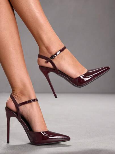 CUCCOO SZL Women's Black Pointed Toe Stiletto High Heel Sexy Evening Party Ladies High Heel Pumps With Ankle Strap And Backless Design