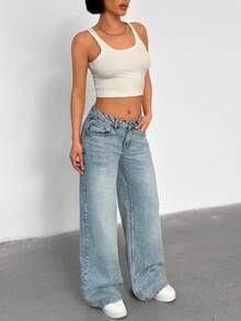 Women's Low Waist Pockets Wide Leg Loose Casual Versatile Jeans - Medium Wash - View 6