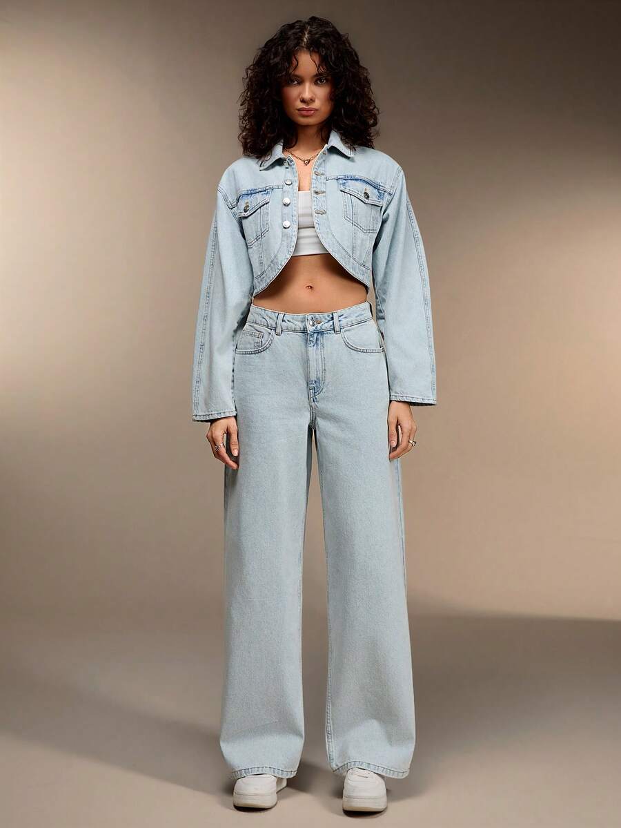 SHEIN Woman Denim Set 2 Pieces Crop Design Jacket And High Waist Jean Baby Blue - Light Wash - View 1