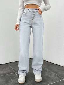 EURMUSE Women's High Waist Cotton Straight Washed Denim Casual Pants - Baby Blue - View 5