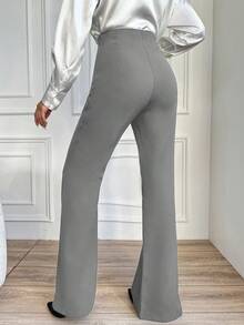 EURMUSE Women's Solid Color Metal Button Decorated Toothpick Striped Design Straight Leg Elegant Pants - Grey - View 2