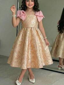 SHEIN Đầm công chúa thanh lịch cho bé gái tuổi teen, thích hợp dự tiệc, tiệc tùng, phối màu, trang trí nơ, chất liệu jacquard, thắt eo. - Nhiều màu - Xem 2