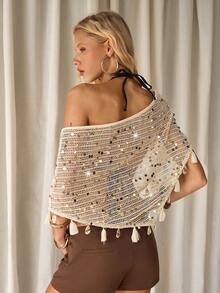 TRNVIE Apricot Mesh Sequin Fringed Shell Off Shoulder Bohemian Embroidered Sheer Blouse, Suitable For Casual, Party, Beach Holiday In Summer - Apricot - View 2