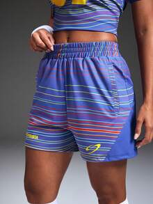Powerista 女士弹力腰带条纹宽松足球运动短裤 - 卡其色 - 查看 1